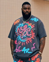 Plus Size Men's Irregular Creative Personality Graffiti English Printed T-Shirt Pocket Shorts Suit